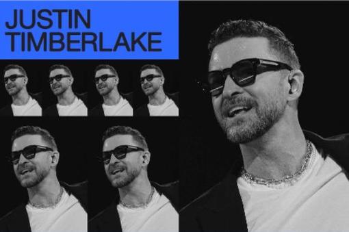 Zu sehen ist das Veranstaltungsplakat des Konzertes von Justin Timberlake in Wien am 14. Juli 2025 mit einem Schwarzweiß-Porträtfoto von ihm in unterschiedlichen Größen, der Schriftzug "Justin Timberlake" in Schwarz auf tiefblauem Hintergrund