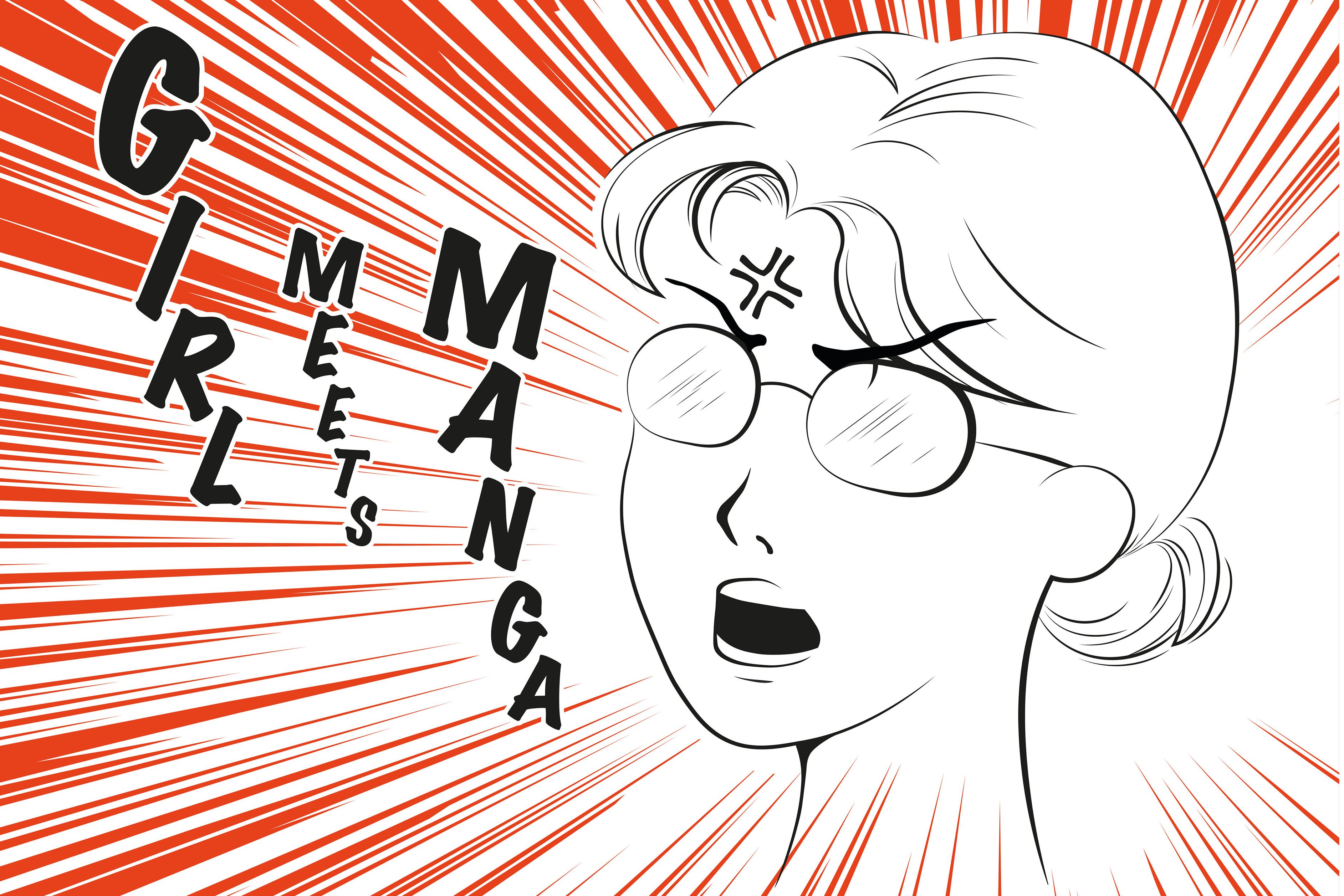 Das Plakat zur Ausstellung "Girl meets Manga" in den Farben Weiß, Schwarz und Rot zeigt eine Manga-Zeichnung vom Kopf einer jungen Frau mit Brille, die "Girl meets Manga" hinausruft, der Kopf ist wie von weißen Strahlen umgeben