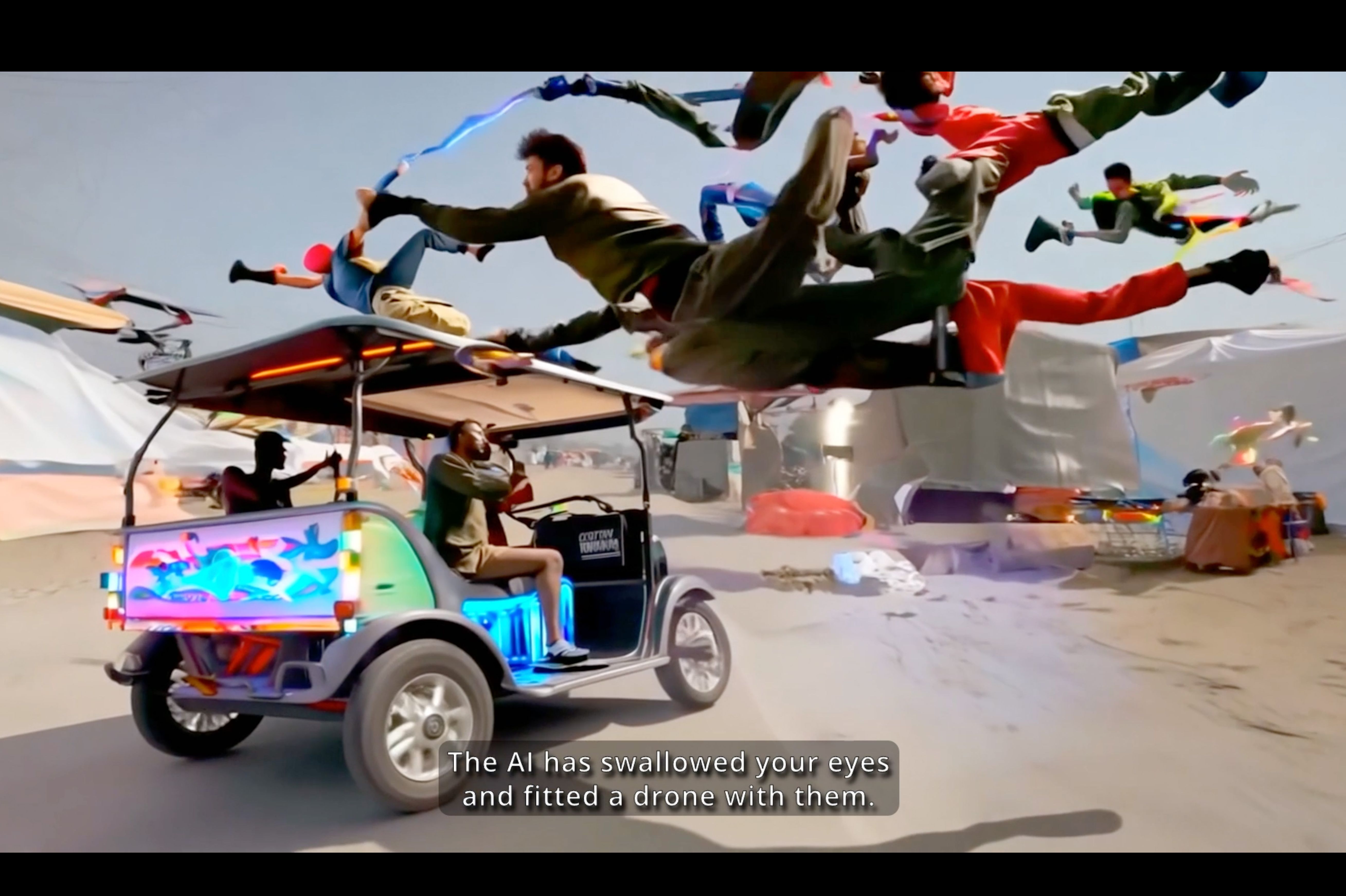 Hito Steyerl, Mechanical Kurds, 2025 Videoinstallation Courtesy of Hito Steyerl, Andrew Kreps Gallery, New York, Esther Schipper, Berlin/Paris/Seoul © Hito Steyerl Videostills: © Hito Steyerl, VG Bild-Kunst, Bonn 2025 The photo shows an excerpt from the video installation Mechanical Kurds by Hito Steyerl. It shows a covered but open vehicle surrounded by flying warriors.