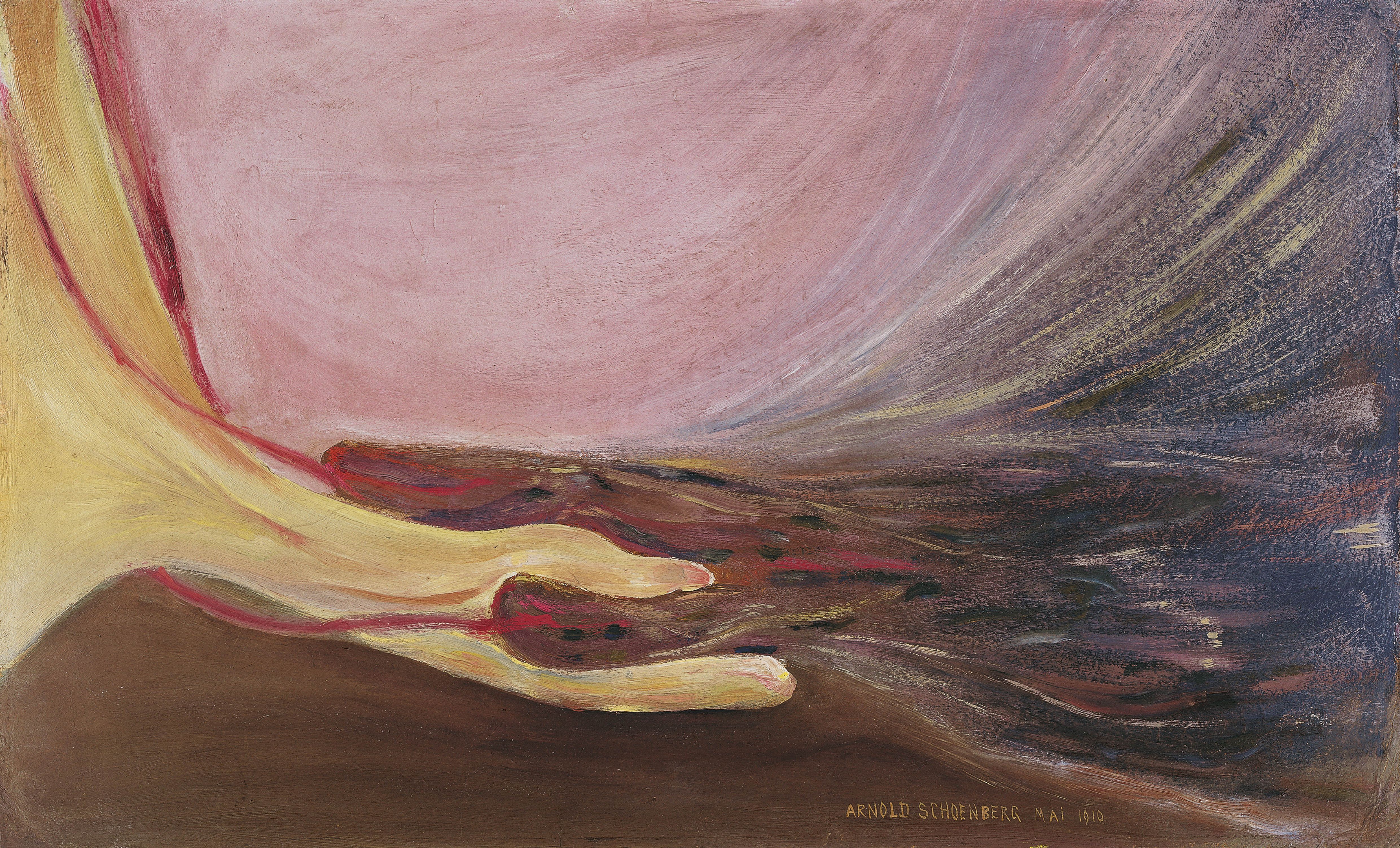 Arnold Schönberg: Bund, Öl auf Pappe, 1910 © Arnold Schönberg Center, Wien / Foto: Leonhard Hilzensauer The photo shows the oil painting “Bond” by Arnold Schönberg: a dark hand, which could also be the mouth of a monster, lies in a light hand