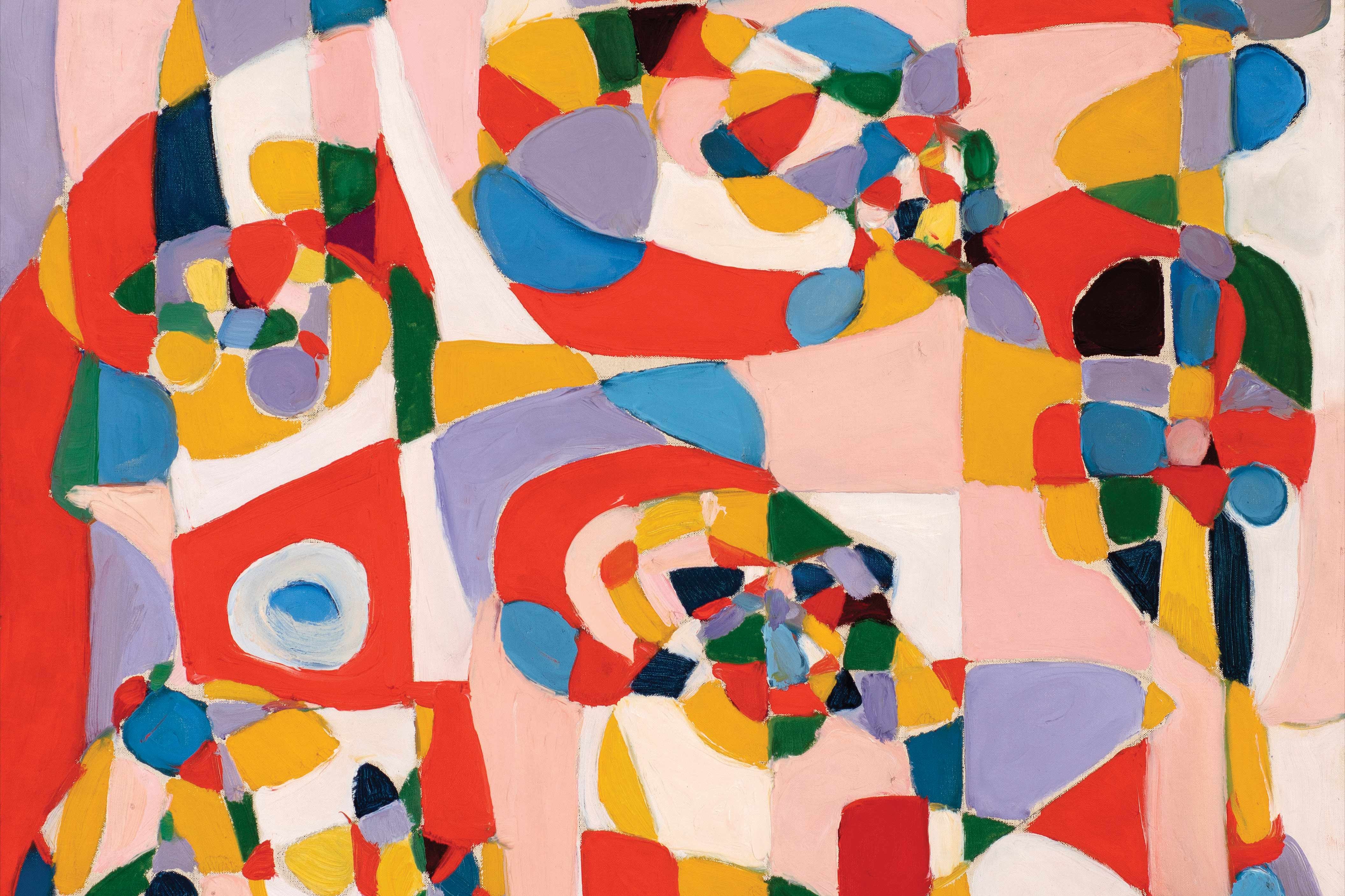 Fahrelnissa Zeid, Ohne Titel (Komposition), um 1949 Taimur Hassan Collection, Foto: Justin Piperger © Raad Zeid Al-Hussein The photo shows a section of a painting by Fahr-El-Nissa-Zeid, with different, partly geometric shapes in the colors orange-red, dark yellow, blue, purple, green and white