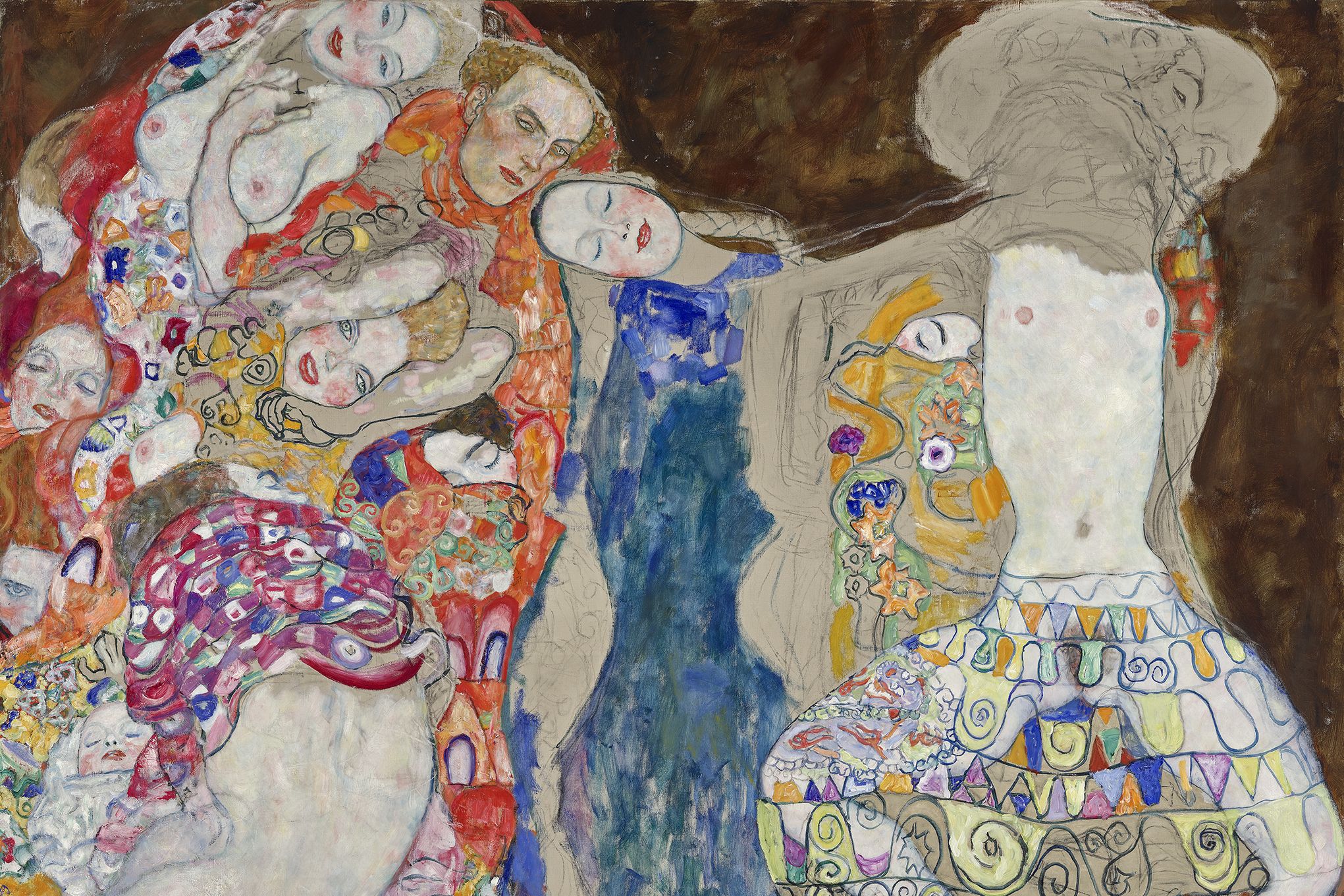 Gustav Klimt, Die Braut, 1917/18 (unvollendet) Klimt-Foundation, Wien, Inv.-Nr. S4, Leihgabe im Belvedere, Wien, Foto: Johannes Stoll / Belvedere, Wien © Klimt-Foundation, Wien Das Foto zeigt einen Ausschnitt aus Gustav Klimts unvollendeter Allegorie "Die Braut". Es zeigt 8-10 ineinander verschlungene Frauen und einen Mann. Von vielen ist nur das Gesicht zu erkennen, von einigen sind die nackten Körper nur mit Tüchern verhüllt