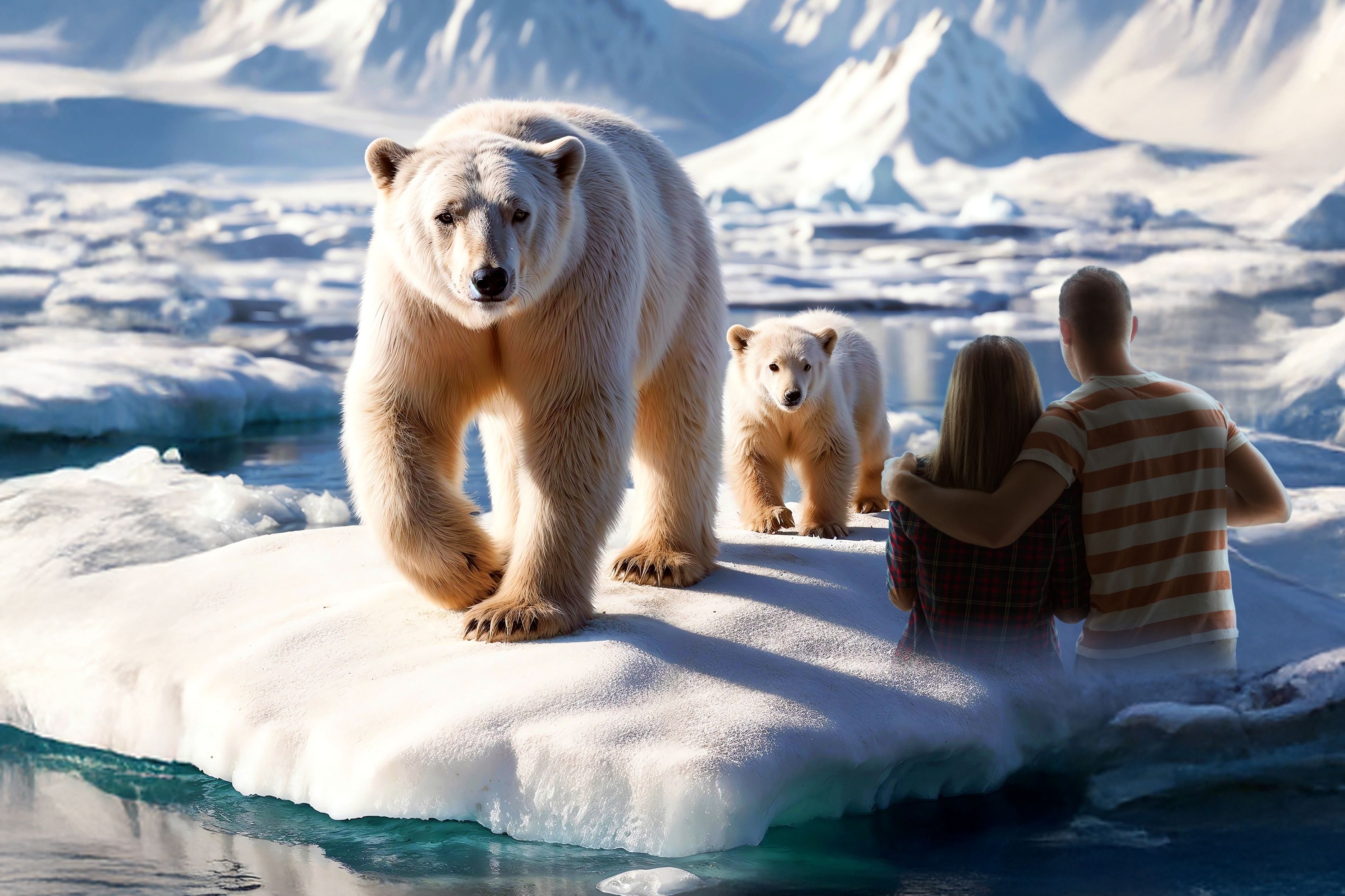 © IMMERSIUM:WIEN - Attraktion! Projects GmbH The picture shows a polar bear with cub on an ice floe, in the background polar landscape, in the foreground a woman and a man looking at the scene