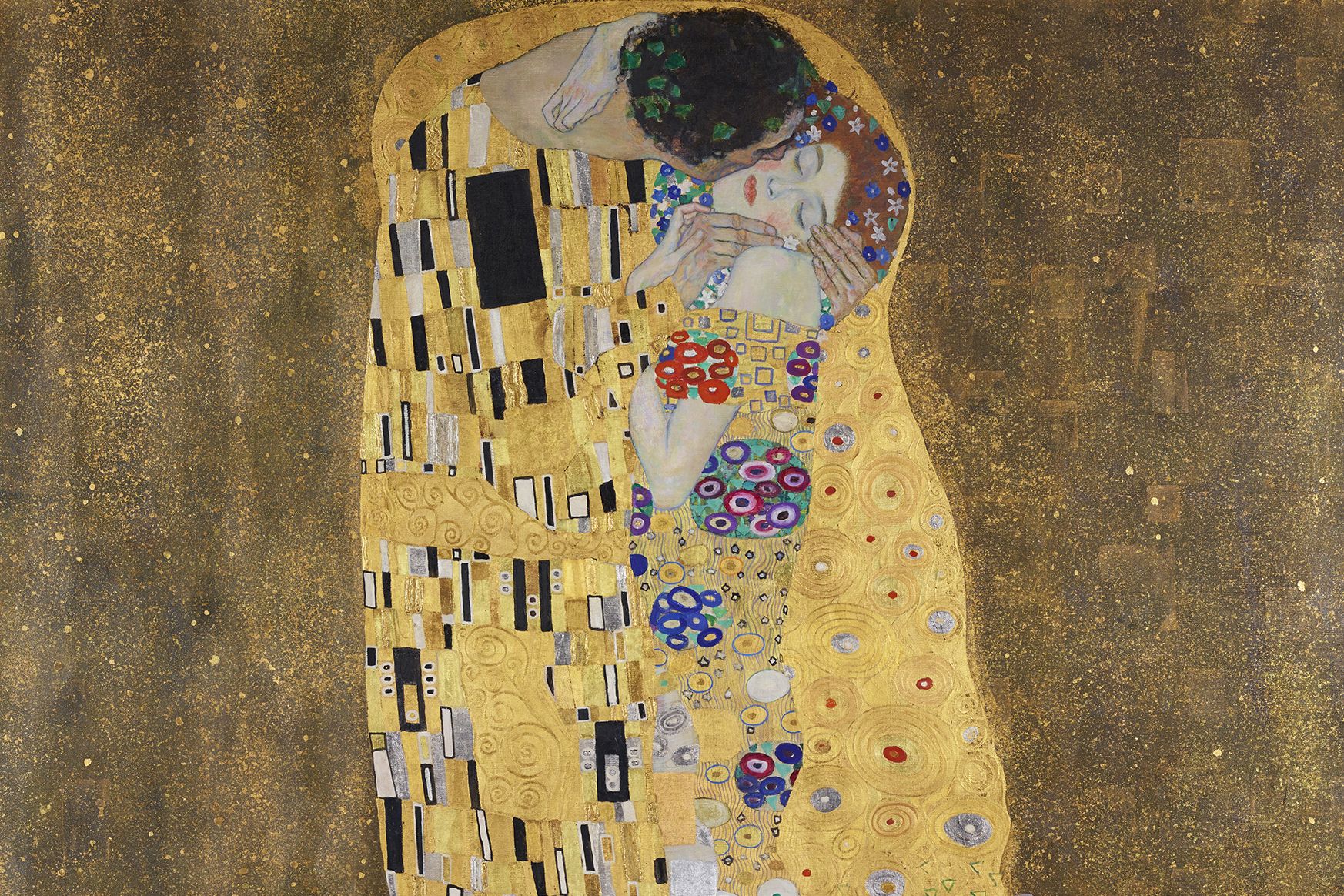 Gustav Klimt, Der Kuss (Liebespaar), 1908 /1909 © Belvedere, Wien Ein Mann küsst eine Frau, dargestellt in der von Klimt bekannten Ornamentik vorwiegend in Goldfarben