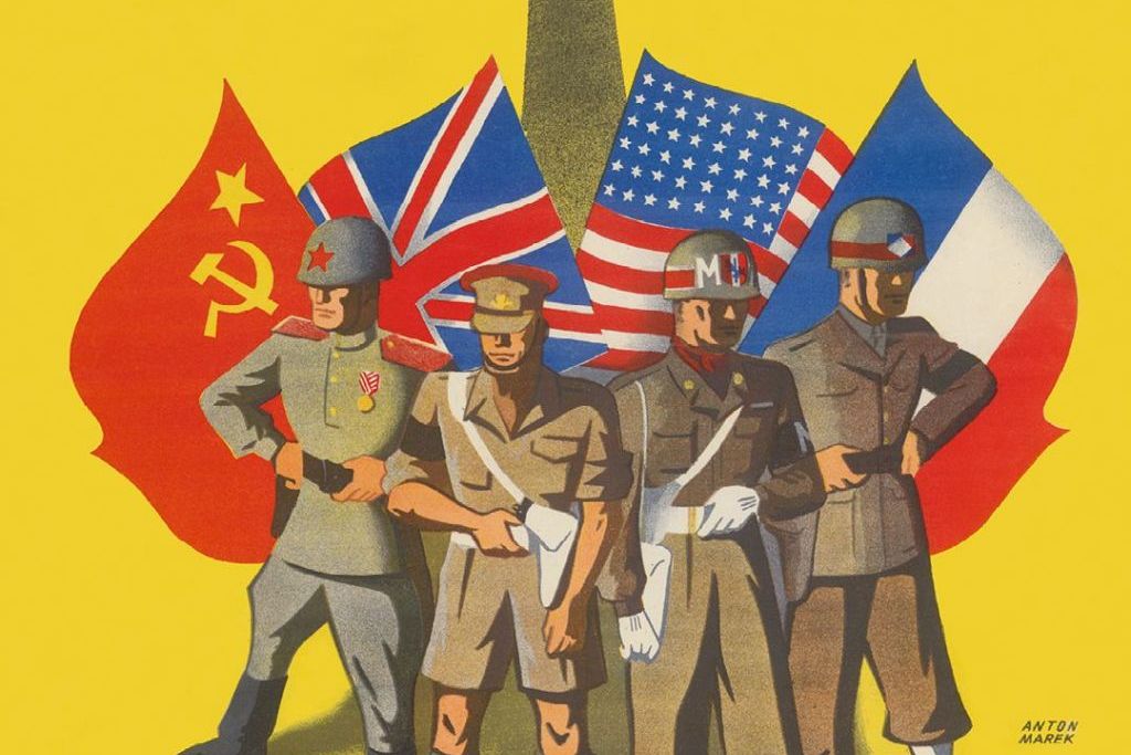 @ Anton Marek: The International Patrol for your protection, 1946, Wienbibliothek im Rathaus, P-7026 The poster shows four soldiers and four flags of the Allied forces in Vienna in 1945 - from left to right: Soviet Union, Great Britain, USA and France