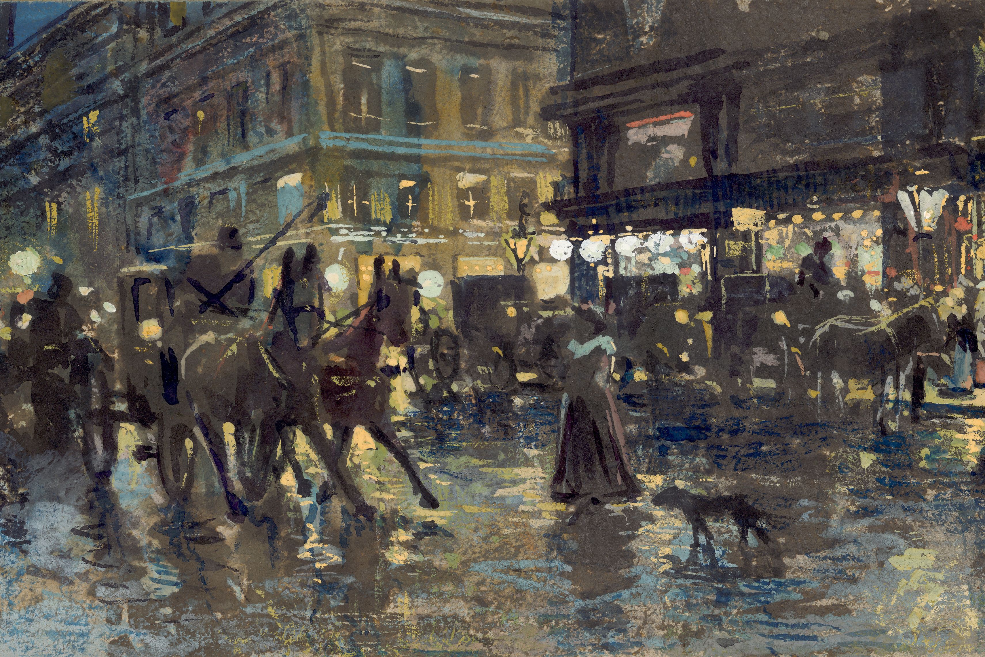 Maximilian Lenz: Wiener Straßenszene, um 1897 ALBERTINA, Wien © Foto: ALBERTINA, Wien Das Gemälde von Maximilian Lenz zeigt eine Wiener Straßenszene um 1897 mit Fiakern und Fußgänger:innen. Es ist eine Abendszene, in dunklen Farben, die von den Lichtern der Stadt erhellt werden.