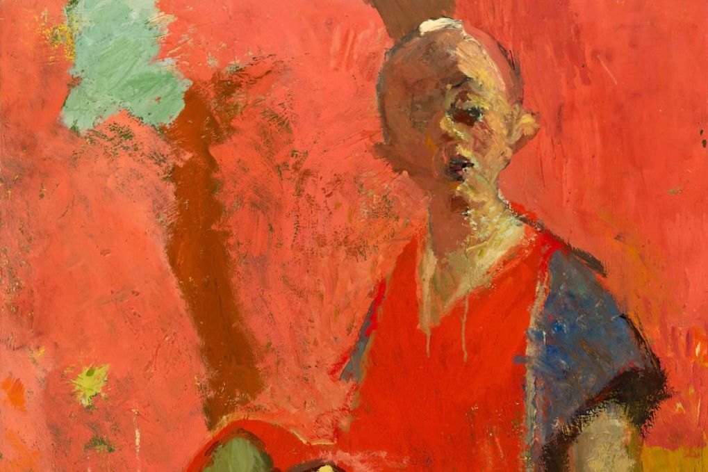 © Alfred Karger: Piri im roten Kleid, 1961 © Familie Karger, Foto: L. Hilzensauer, Wien Museum The picture shows a detail from the painting “Piri in a red dress” by Alfred Karger. The painting is largely in shades of red and shows a young person sitting in a red and blue dress